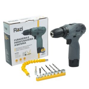 Furadeira Parafusadeira 3/8″ 12V 1 Bateria com 22 Acessórios Razi